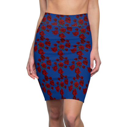 Sober Symphony Red Roses Floral Blue - Women's Pencil Skirt