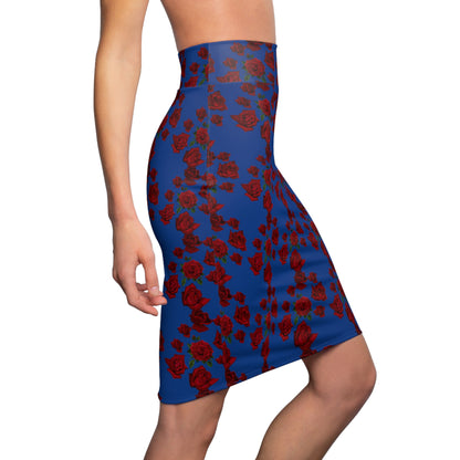 Sober Symphony Red Roses Floral Blue - Women's Pencil Skirt