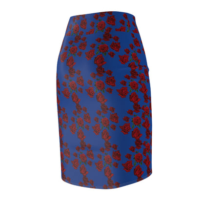 Sober Symphony Red Roses Floral Blue - Women's Pencil Skirt