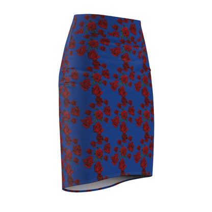 Sober Symphony Red Roses Floral Blue - Women's Pencil Skirt